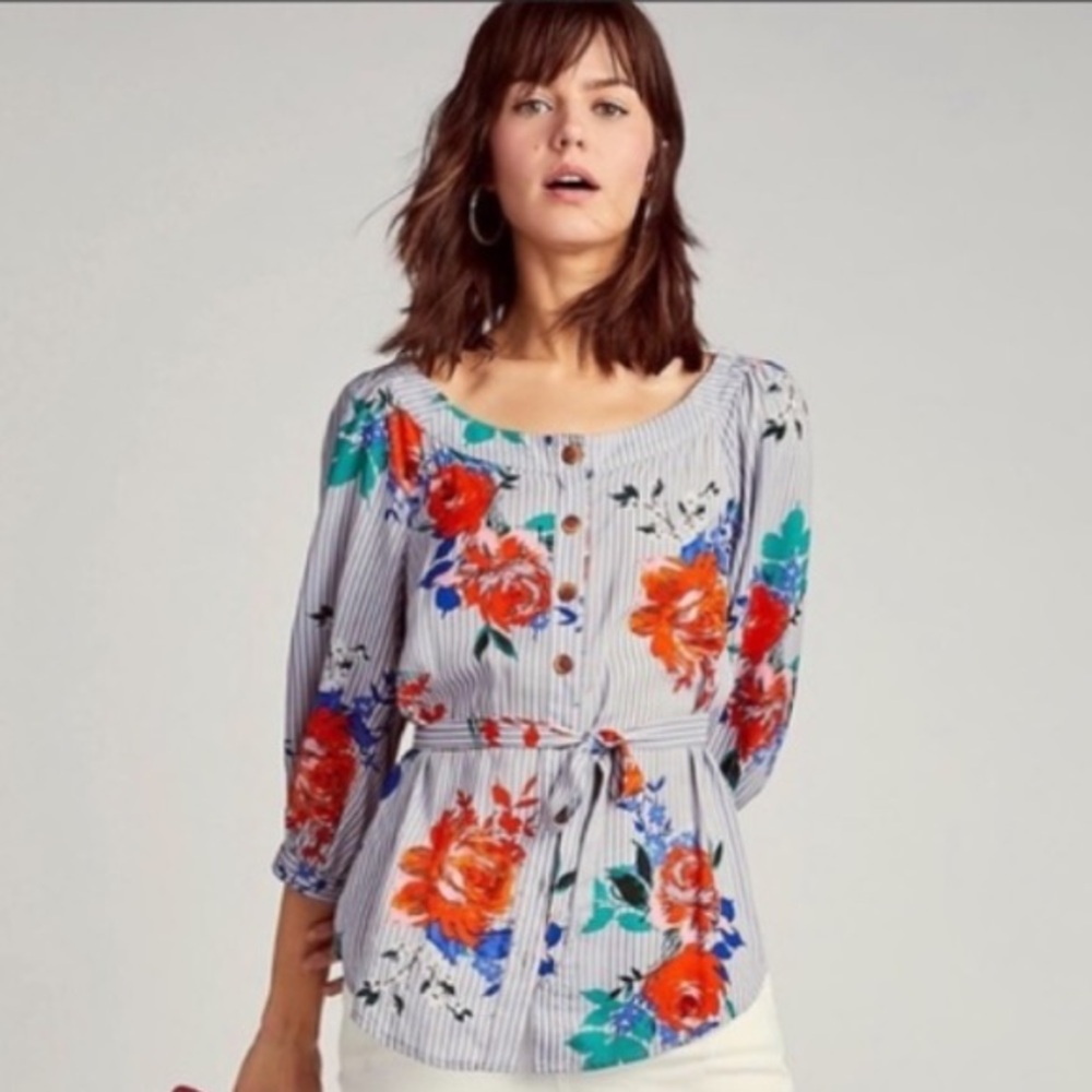 Anthropologie Maeve Blue Floral Striped Shirt - Picture 2 of 10